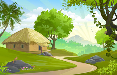 A hut by the road in the middle of a forest