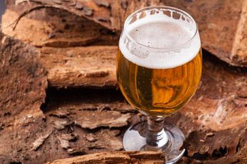 Light beer on bark