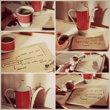 Good morning or Notes, Time management, Creative background, a Tea cup, Morning tea, Yoga and meditation, Healthy lifestyle