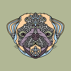 Pug with ethnic floral ornaments for adult coloring book. Zentagle pattern. Vector doodle illustration. Portrait of a cute pet.