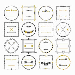 Black and golden empty circle and square border emblem design elements set on white background