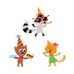 Fototapeta premium vector flat cartoon animals character happily smiling in paty hat set. bear eating piece of cake, cat in dress singing at microphone, raccoon whistling. Isolated illustration on a white background