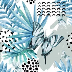 Poster Watercolor graphical illustration: exotic butterfly, tropical leaves, doodle elements on grunge background. © Tanya Syrytsyna