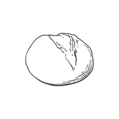 vector sketch fresh white round rye bread loaf. Detailed hand drawn isolated illustration on a white background. Flour pastry products, bakery banner, poster design object
