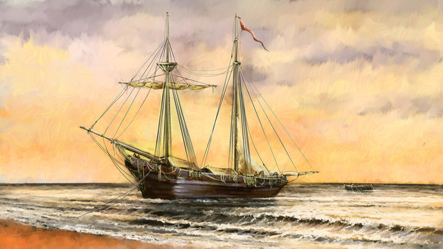 Oil paintings sea landscape. Ships, boat, fisherman.Digital art