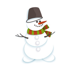 vector flat cartoon snowman in bucket and striped scarf smiling. Isolated illustration on a white background. Cheerful snow character, winter sybols concept