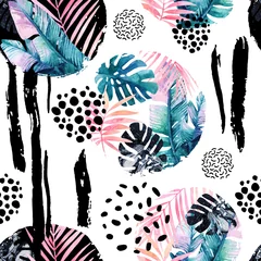 Foto op Plexiglas Abstract natuurlijk naadloos patroon geïnspireerd door de stijl van Memphis. Cirkels gevuld met tropische bladeren, doodle, grunge textuur, ruwe penseelstreken. Handgeschilderde aquarel illustratie © Tanya Syrytsyna