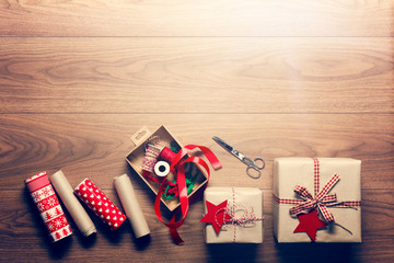 Beautiful retro christmas gift wrapping, xmas concept, DIY desk view from above background