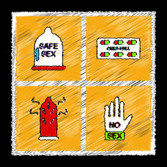 Set of flat shading style icons in thin line drowings. Condom hand