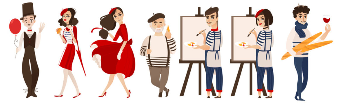 French characters, mimes and artists with cheese, baguette, wine as symbols of France, flat cartoon vector illustration isolated on white background. French people, mimes, artists - symbols of France