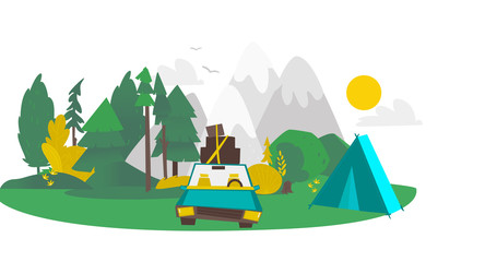 vector flat cartoon camping scene, travelling road trip. funny green car with big bags fixed at its roof near touristic tent within trees, mountains. Isolated illustration on a white background.