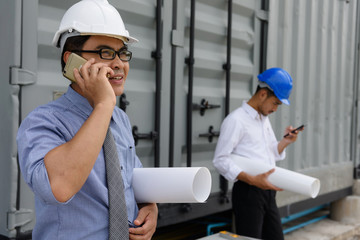 Engineer team using smartphone at construction site