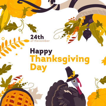 Banner, frame with thanksgiving symbols - turkey, pumpkin pie, harvest, vegetable, empty place for text, cartoon vector illustration on white background. Cartoon thanksgiving frame, banner, postcard