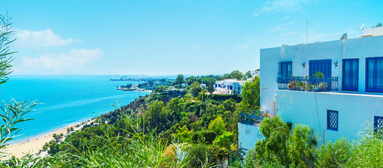 Panorama of Sidi Bou Said coastline from the hill, Tunisia