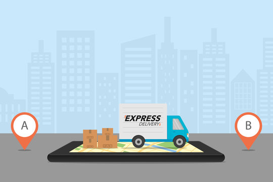 Express delivery concept. Delivery service app on mobile phone. Delivery truck with cardboard box on mobile phone and city background.