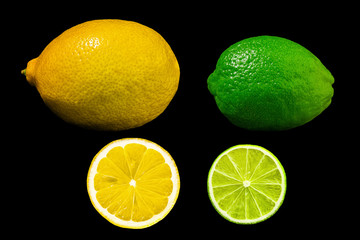 Set of lemon and lime isolated on the black background