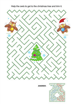 Maze game or activity page: Help the owls to get to the christmas tree and trim it. Answer included.

