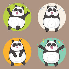 Set of cute panda bear stickers in various poses. Happy cartoon panda character