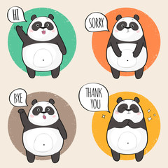 Set of cute panda bear stickers in various poses. Cartoon panda character