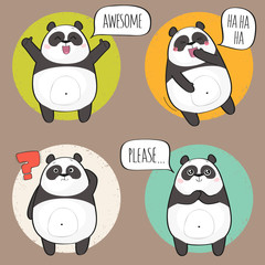 Set of cute panda bear stickers in various poses. Cartoon panda character