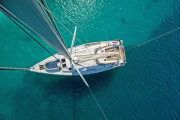 Fotobehang Zeilen View from high angle of sailing boat. Aerial photography of ship deck