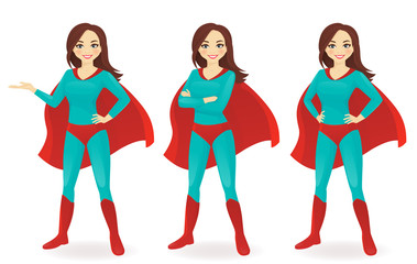 Superwoman in different poses vector illustration set
