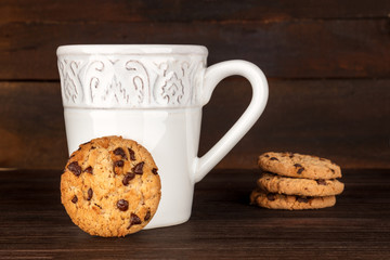 Chocolate chips cookies, hot chocolate, and place for text