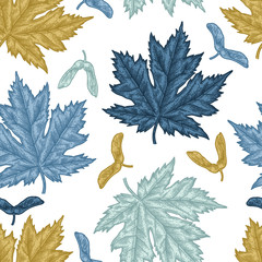 Engraving seamless pattern of maple leaves and seeds