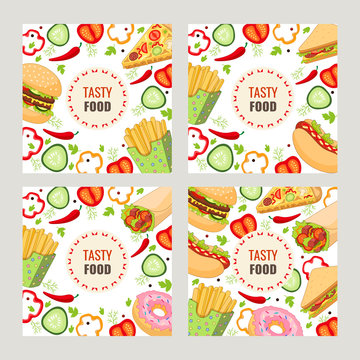 Vector fast food template set. burger pizza slice, roll doner kebab potato fry sandwich donut. flat cartoon isolated illustration on a white background. Mixed objects with free space for your text