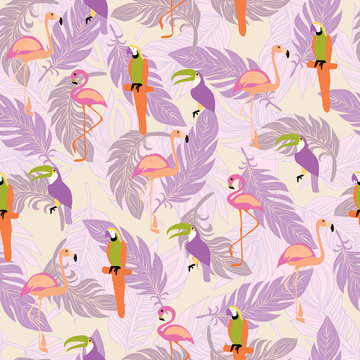 Seamless pattern with exotic tropical birds and Feathers.