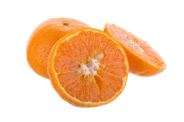 Half orange fruit on white background, fresh and juicy