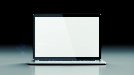 Moderner Laptop bewegt sich drehend auf die Kamera zu und öffnet sich dabei