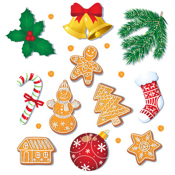Big set of glazed Christmas gingerbread cookies and decorations, fir tree, mistletoe, candy cane, cartoon vector illustration isolated on white background. Christmas gingerbread cookies, decorations