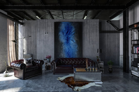 Industrial polished concrete living room interior