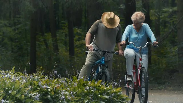 Cute senior couple with bicycles in the park