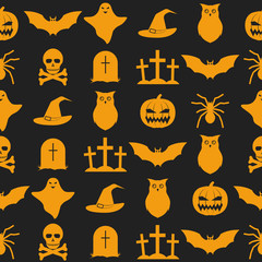 Seamless pattern of Halloween orange silhouettes on a black background