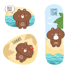 set of vertical banners with cute bear character enjoying summer vacations on the beach.