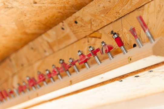 A Lot Of Router Bits In A Row.