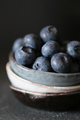 blueberry berries in a dark key. blueberries in three small ceramic cups on a dark background. blueberry harvest season. vertical