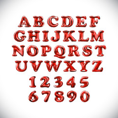 English alphabet and numerals from red, balloons on a white background. holidays and education