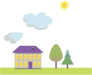 Abstract landscape with house and trees, vector illustration