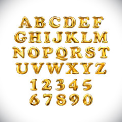 English alphabet and numerals from yellow Golden balloons on a white background. holidays and education
