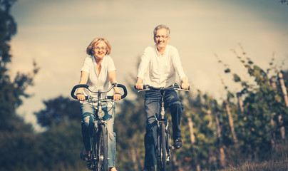 Senioren Frau und Mann fahren Fahrrad im Sommer im Weinberg