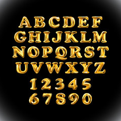 English alphabet and numerals from yellow Golden balloons on a black background. holidays and education