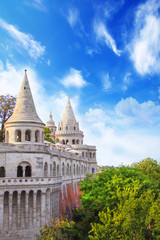 Fototapeta premium Beautiful view of the towers of the Fishermen's Bastion in Budapest, Hungary