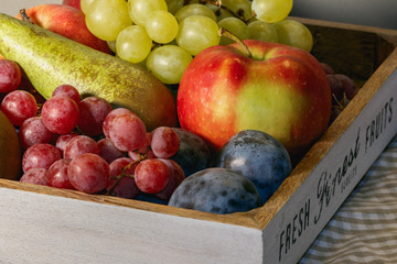 Assorted  fruits in a vintage crate