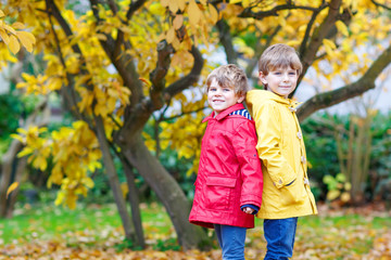 Two little best friends and kids boys autumn park in colorful cl