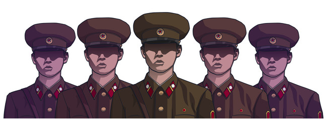 Illustration of north korean soldiers wearing uniform in color - obrazy, fototapety, plakaty
