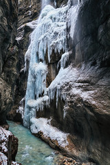 Frozen waterfall in Partnachklamm - Partnach Gorge in Garmisch-Partenkirchen, Bavaria, Germany.