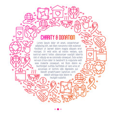 Charity and donation concept in circle with thin line icons related to nonprofit organizations, fundraising, crowdfunding and charity project. Vector illustration for banner, print media.